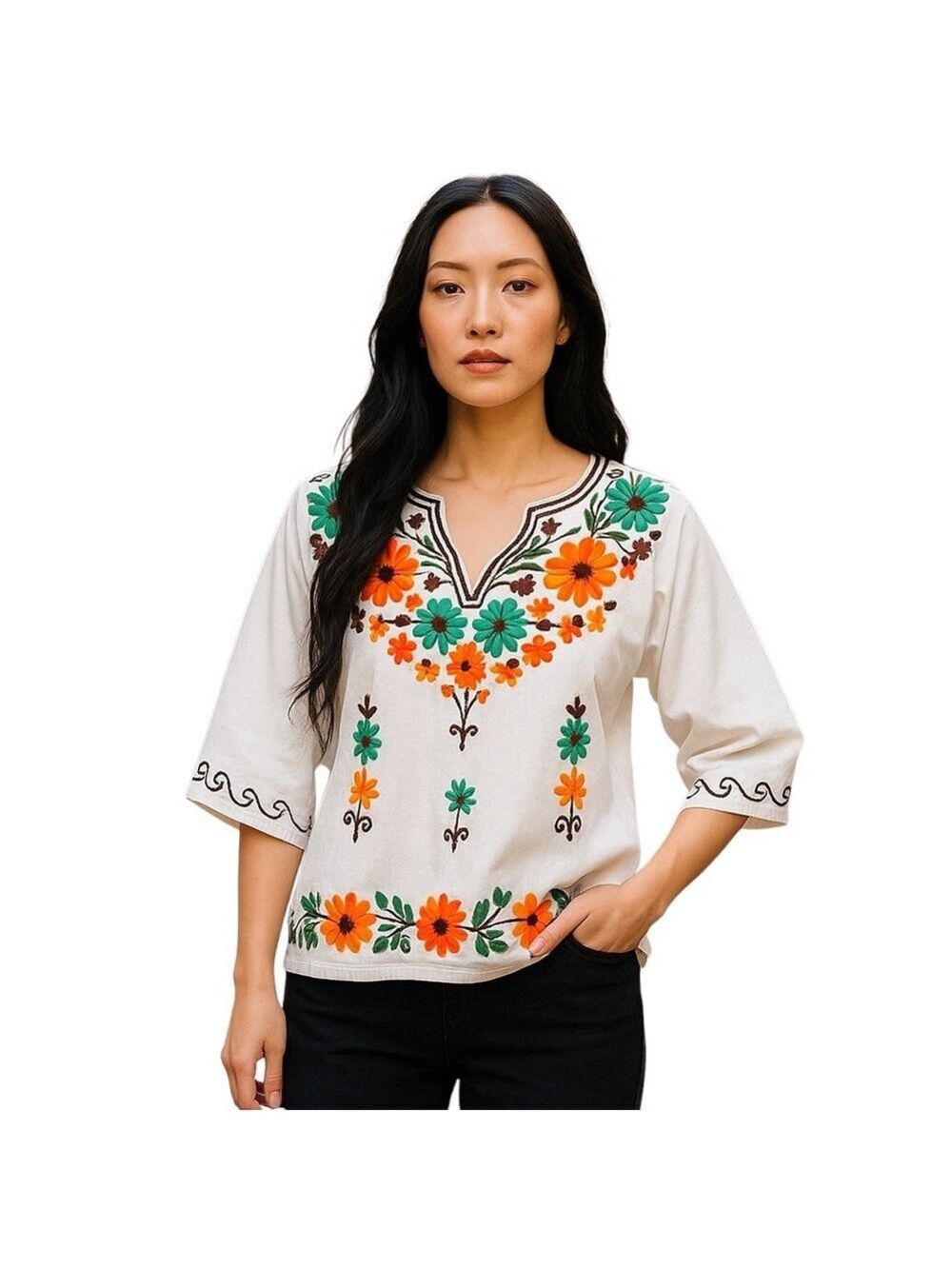 Star India Cotton Floral Embroidered Boho Top India Lightweight 3/4 Sleeve Large